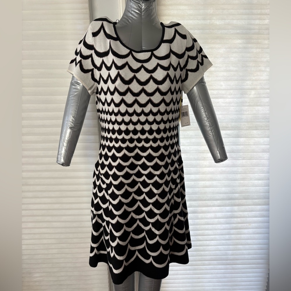 Cece Black and White Scallop Pattern Sweater Dress BNWT